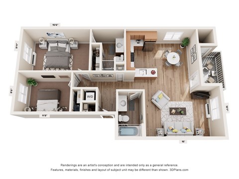A 3D floor plan of a house showing a living room, dining room, kitchen, and two bedrooms.
